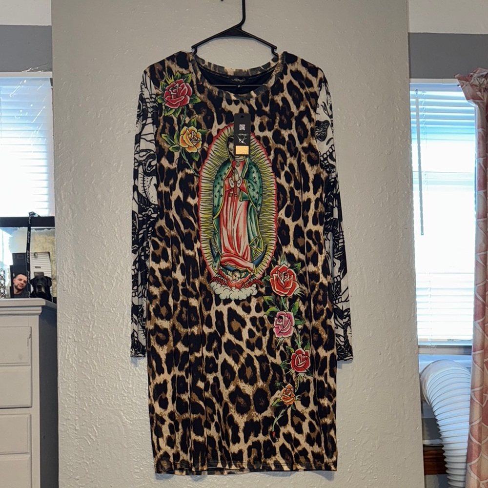 Ed Hardy Leopard Print Dress with Religious Motif